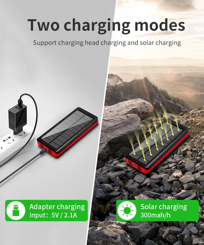 Portable Outdoor Style 10000 20000 30000 50000mAh Travel Waterproof USB/Type-C /Micro Mobile Phone Share Charger Mini Solar Power Bank with Flash Light