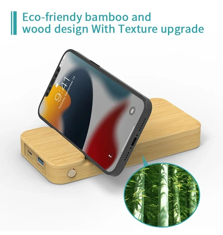 4000mAh Bamboo Wood Design Wireless Charger Treasure Mobile Power Bank with Bracket Can Be Printed Logo