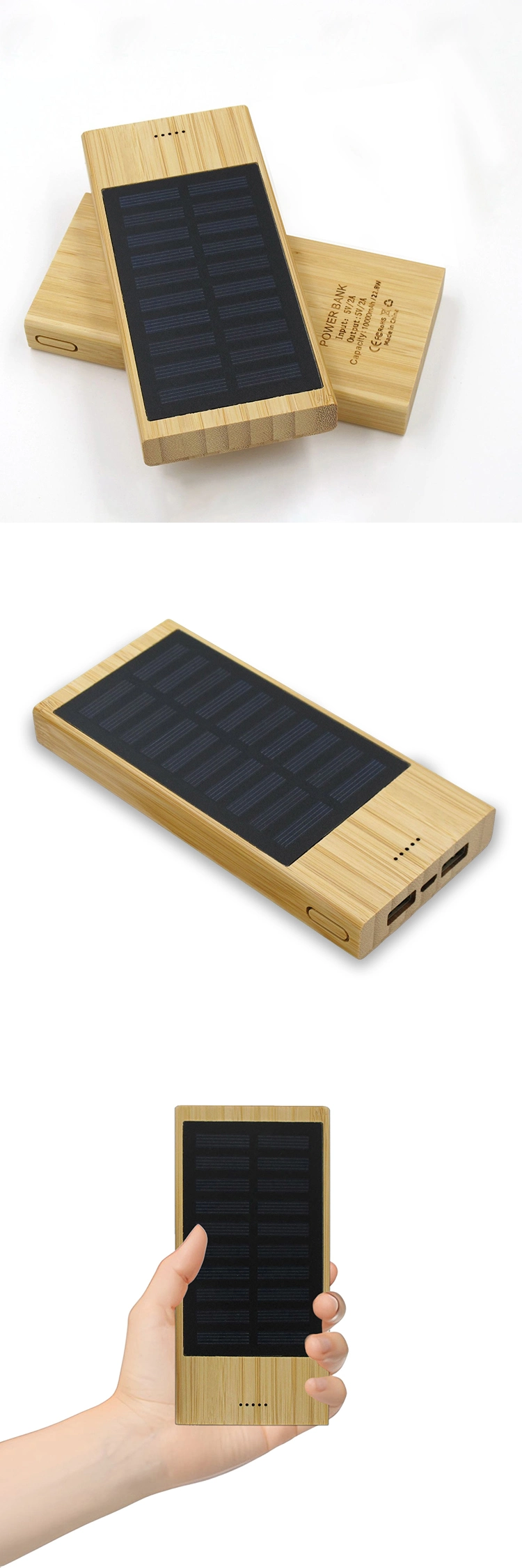 10000mAh Outdoor Bamboo Wood Solar Battery Mobile Power Bank